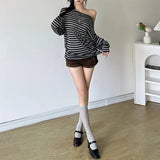 Fongt 2024 New Women's Commuter Unique Cut Diagonal Collar Off-Shoulder Striped Long Sleeve Top-Outfit
