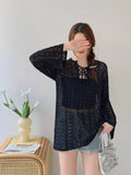 Large Size Spring And Summer Costume Feel Hollowed-Out Long-Sleeved Sweater Fat Mm Loose Sunscreen Blouse Blouse-Outfit