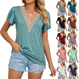 2023 New Gold Lace Lady V-Neck Tile Short Sleeve Solid Color T-Shirt Top-Outfit