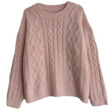 Version Qiu Dong New Round Collar Twist Pink Knit Sweater Loose Lazy Wind Sweet Autumn Female Jacket Female-Outfit