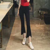 Fongt Fork Micro Bell Pants Female Irregular Edge Nine Pants Autumn New High Waist Show Thin Eight Pants Elastic Pants-Outfit