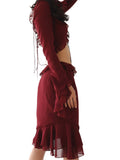 Mesh Ruffles Long Sleeve Tie Up Crop Top And Wrap Skirt Set-Outfit
