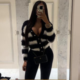 Fongt Women's Clothing Winter Explosion Fashion Black And White Stripe Single-Dcupuncture Cardigan Knitted Shirt