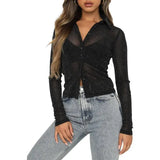 Color Turn-Down Collar Long Sleeve Tops See-Through