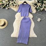 Fongt Hot Girl Suit Female Summer Korean Version Round Collar Knit Short Sleeve Short Jacket High Purse Hip Skirt Two Sets-Outfit
