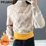 Thicken Plus Velvet Sweaters For Women Casual Warm Knit Pullovers Korean Fleece Lined Knitwear Ribbed Bottomed Tops