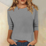 Fongt Women's Top With A Round Collar Seven-Sleeve Solid Color T-Shirt-Outfit