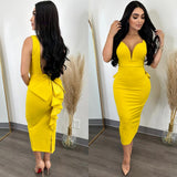 Party Casual Women's Dress Solid Color Hip Wrap Open Back Deep V Bow Elastic Split Ruffle Edge Sling Dress-Outfit
