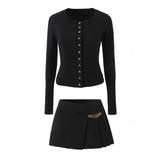 Knit Buttoned Long Sleeve Top And Pleated Mini Skirt-Outfit