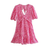 2021 Summer Women Leopard Print Robe Dress Puff Short Sleeve Backless Ladies Mini Dress Vestidos