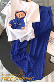 Women's Cute Cartoon Suits White Bear Print O-Neck Short Sleeve T-Shirt + Blue Elastic Waist Trousers 2 Piece Pants Set