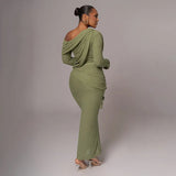 Draped Off-Shoulder Long Sleeve Top And Maxi Skirt Set-Outfit