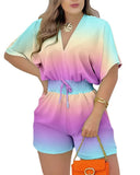 Fongt Summer New Women's Short-Sleeved V-Neck Tie With Waist Casual Shorts