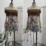Real Shot Shoulder Cross Hanging Neck Knitting Mesh Yarn Coat Irregular Ribbon Horn Long-Sleeved T-Shirt