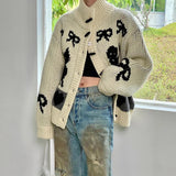 Bow Printed Knitted Cardigan-Outfit