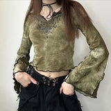 Fongt Print Tie-Dye Color Long-Sleeved T-Shirt New V-Neck Y2K Crop Top-Outfit