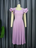 Advanced Casual Light Purple Square Neck Dress Elegant Temperament Casual Commuter Pleated Dress-Outfit