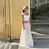 White Lace Tie-Up Top And Maxi Skirt Set-Outfit