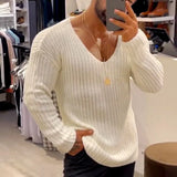 Men Daily Solid V Neck Simple Sweater Casual Gentleman Long Sleeve Slim Knitted Pullover Winter Male Streetwear