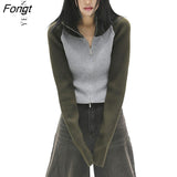 Patchwork Zipper Cardigan Women Long Sleeve American Retro Knitted Sweater Autumn Winter 2023 Female Cardigans Y2K