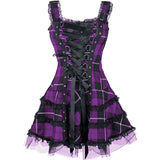 Dark Plaid Bandage Gothic Women A-line Dresses Grunge Aesthetic Lace Trim Patchwork Mini Dress Punk Bodycon Sexy