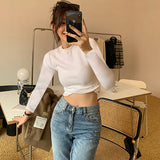 T-Shirt Women's Shoulder European 2023 New Thin Round Neck Cotton Folded Long-Sleeved Bottomed Blouse-Outfit