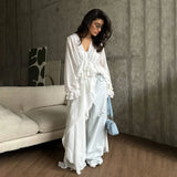Fongt Temperament Niche Lotus Side V-Neck Irregular Drag-And-Drag Chiffon Sleeve Top