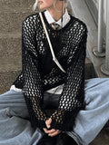 Cross Pattern Crochet Hollow Long Sleeve Knit Top-Outfit