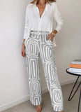 Fongt Summer Women's Casual Long Sleeve Lapel Shirt Print Wide-Leg Pants