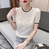 Style Beading Bowknot T Shirts Women's O Neck Short Sleeve Knitted Sweet Tee Tshirt Summer Slim Thin Top-Outfit