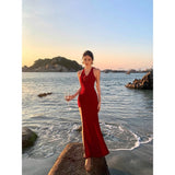 Fongt High-End Red V-Neck Hanging Neck Sling Dress Women Feel Forked And Hip Dress Seaside Holiday