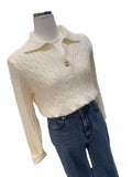 And Winter New POLO Lapel Twist Pullover Sweater Female Bf Han Fan Loose Foreign Style V-Necked Knitted Sweater-Outfit