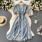 Dress Women's Aging Bubble Cuff Buckle Slimming Medium-Long Heart Machine Forked Retro Broken Flower Platycodon Grandiflorum Skirt-Outfit