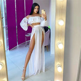 Summer Women Beach Holiday See-Through Sets 2021 Fashion Ladies Off-Shoulder Pullovers + Split Skirts 2Pieces