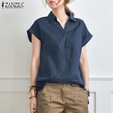 Summer Elegant Lapel Neck Solid Blouse Women Short Sleeve Solid Cotton Tops Casual Loose Blusas OL Work Shirt Oversize 703-0-Outfit