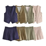 Fongt 2023 Summer V-Neck Solid Color Single Breasted Vest High Waist Wide-Leg Pants Shorts Set 9ZS2251-Outfit