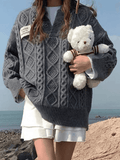 Oversized V Neck Cable Knit Sweater-Outfit