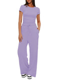 Fongt Suit Folding 2025 New Solid Short-Sleeved Top High-Rise Broad Leg Pants Sportswear