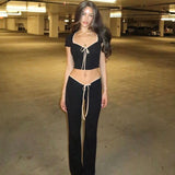 Black Ribbon Tie-Up Top And Pants Two Piece Set-Outfit