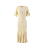 Fongt Elegant Knitted Dress Round Collar Single Buckle Horn Sleeve Fishtail Dress Medium Long Dress