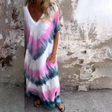 Fongt Summer New Women's Casual Loose Short-Sleeved V-Neck Open Fork Dyed Long Dress