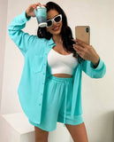 Fongt Women's Solid Color Single Row Buckle Long-Sleeved Shirt Loose Fashion Casual Shorts Set