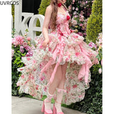Harajuku Lolita Dress Women Fashion Pink Flower Bow Kawaii Jsk Dresses Girls Elegant Chiffon Backless Korean Sexy Dress-Outfit