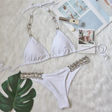 Fongt 2023 Swimsuit Sexy Crystal Diamond Women's Swimwear Plain Strap Backless