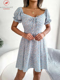 Women Summer Print A-Line Dress Shrinkage Design Bandage Decor Square Collar Flare Sleeve High Waist Slim Mini