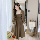 Fongt Summer New French Square Collar Solid Color Long Sleeve Sweet Temperament Show Thin Reduce Age In The Long Dress-Outfit