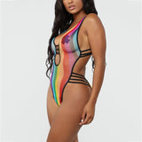 See Through One Piece Swimsuit Women Sexy Deep V Neck Hollow Out Grid High Cut Bodysuit Beachwear One Piece