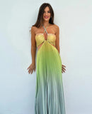 Fongt New Summer Gradient Hanging Neck Fold Fashion Dress Ladies Beach Holiday Dress