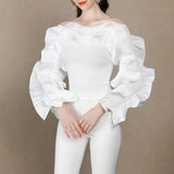 Solid Color White Polyester Ruffle Women's Blouse Slash Neck Top Streetwear Long Sleeves Loose Shirt Female