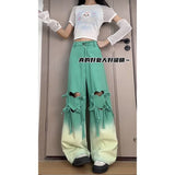 Fongt Mm Dopamine Wearing Gradient Love Straps With Ripped Jeans Women's Large Size Loose Thin Broad Leg Pants